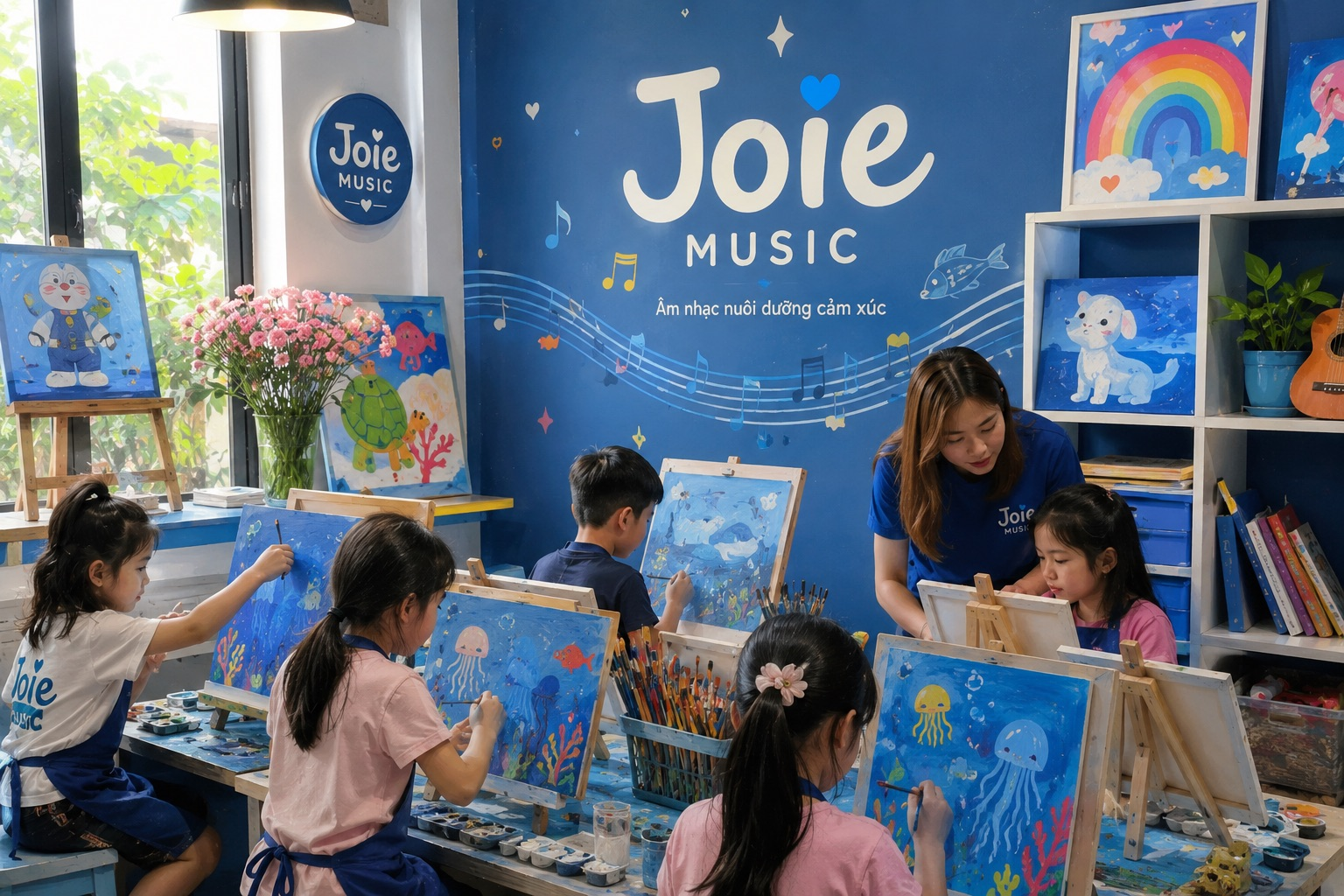 Các bạn nhỏ đang say sưa vẽ tranh trong lớp học nghệ thuật JOIE